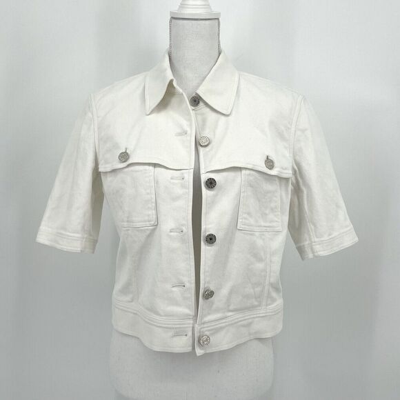 Celine White Denim Cropped Jean Jacket Short Sleeve Silver Buttons Size 40FR - Picture 1 of 9
